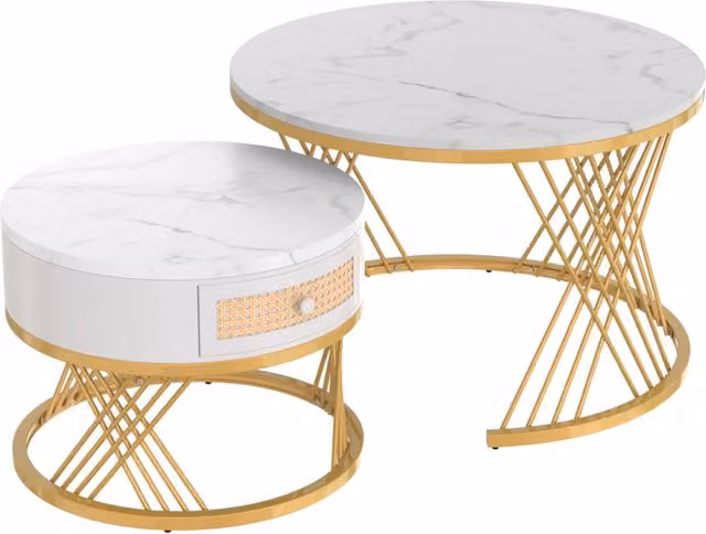 Set di 2 Tavolini Rotondi da Salotto in MDF con Piano effetto Marmo, Cassetti in Rattan Plastico, Maniglie in Legno Massello e Gambe in Ferro Dorato – 70x70x45,5 e 50x50x38,5 cm