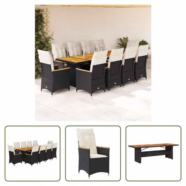The Living Store Set bistrot da giardino da 11 pezzi con cuscini in poly rattan nero