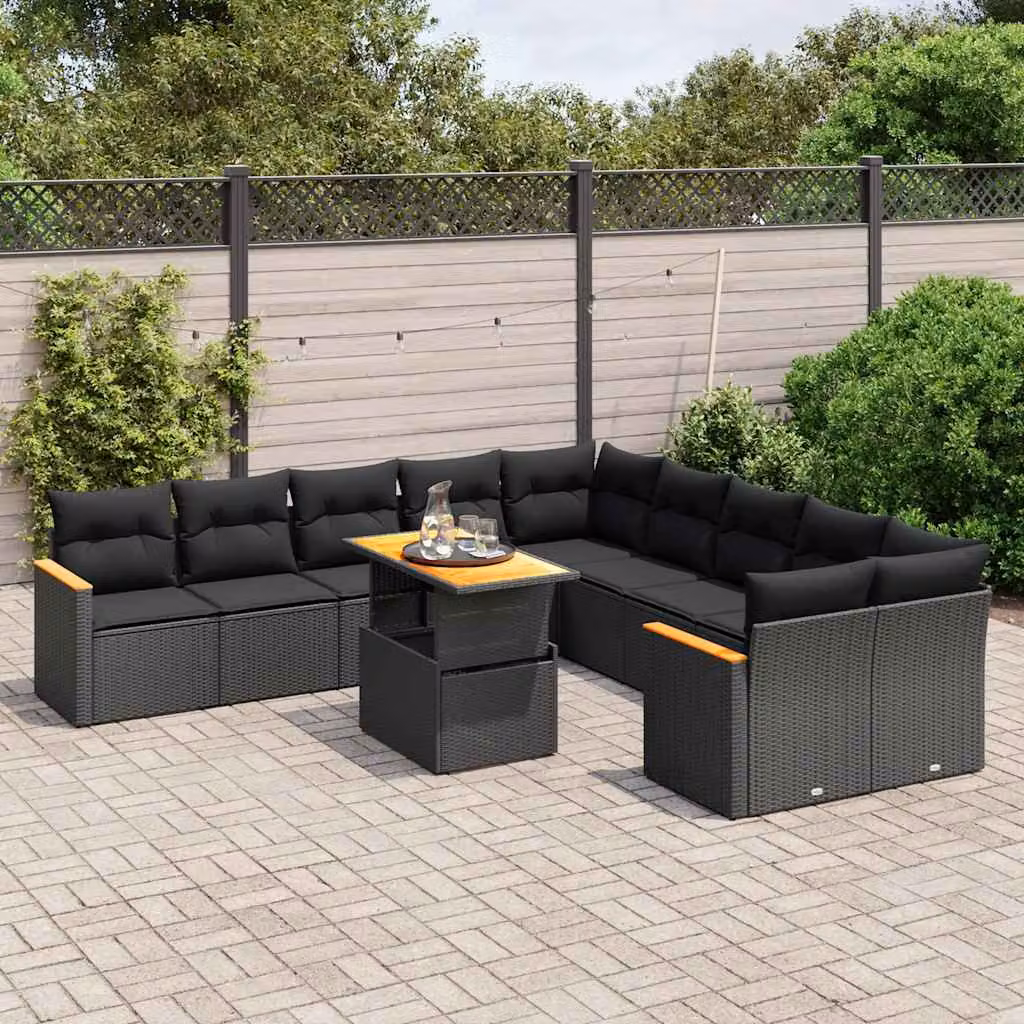 vidaXL Set Divani da Giardino 11 pz in Polyrattan Nero con Cuscini e Tavolino da Esterno a Forma di L – 1