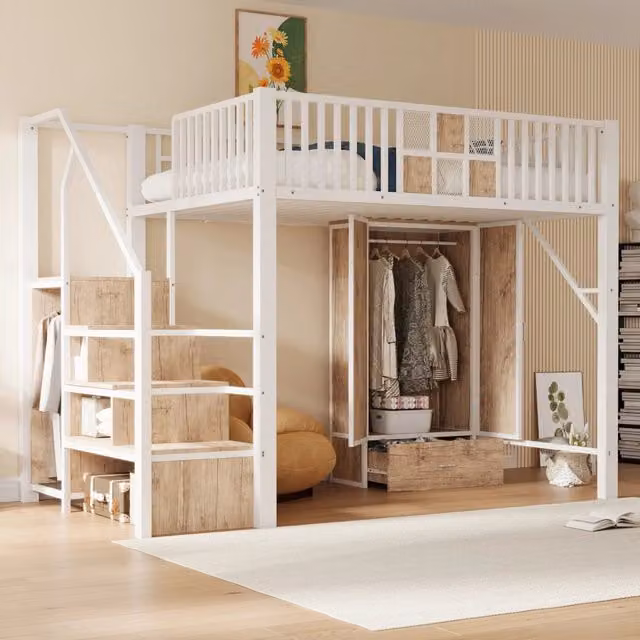 Letto a soppalco 140x200 cm con armadio; cassetto e scala contenitore in metallo e legno