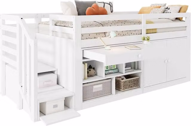 Letto multifunzionale REDOM per bambini in legno bianco con scala e cassetti L/P/H: 90 x 200 cm