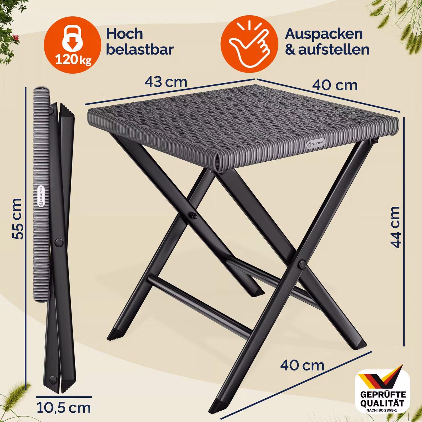 Sgabello pieghevole 3in1 Roma Casaria in polyrattan nero per giardino e terrazzo L: 44 cm, P: 40 cm, H: 44 cm – 3