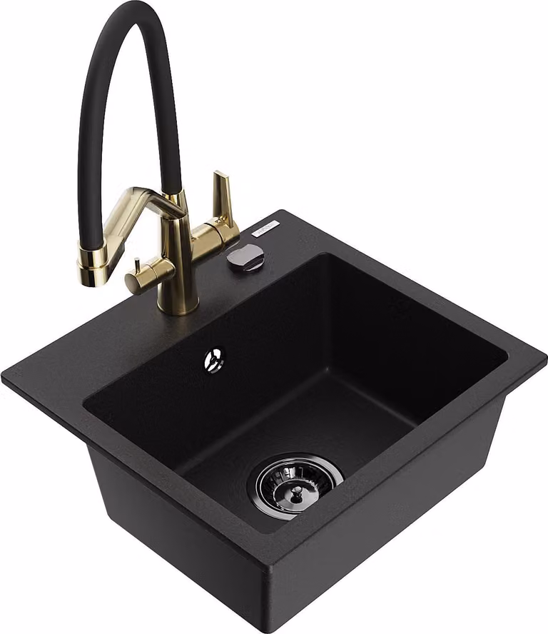 Mexen Milo lavello da cucina in granito a 1 vasca con miscelatore Duo, nero - 6505-77-671701-57-B