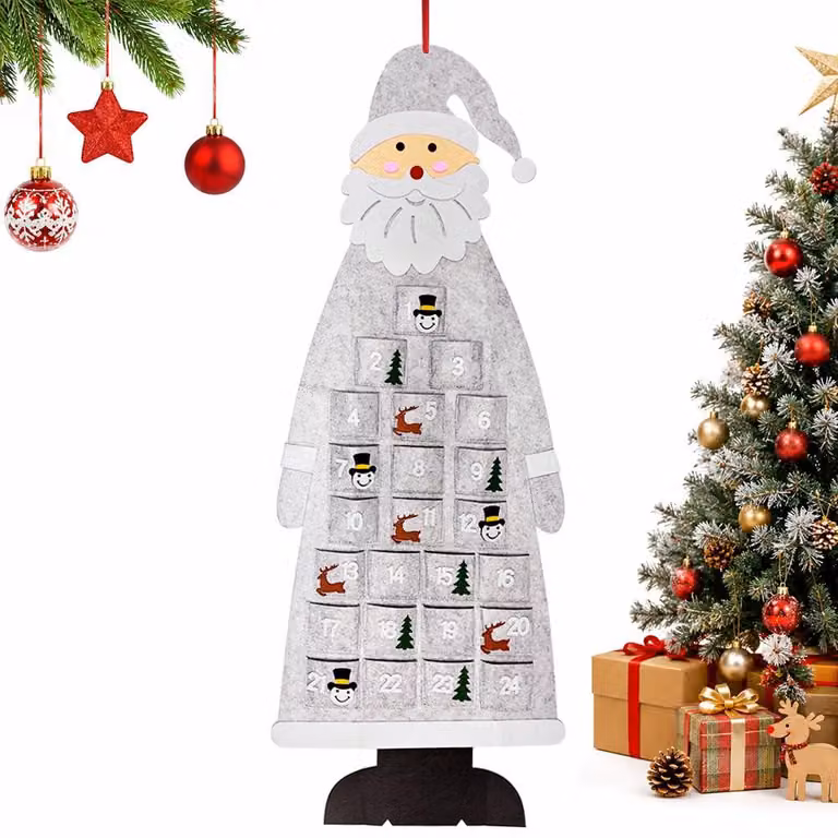 Calendario dell'Avvento in feltro, Babbo Natale, 24 tasche, grigio, 115x45 cm