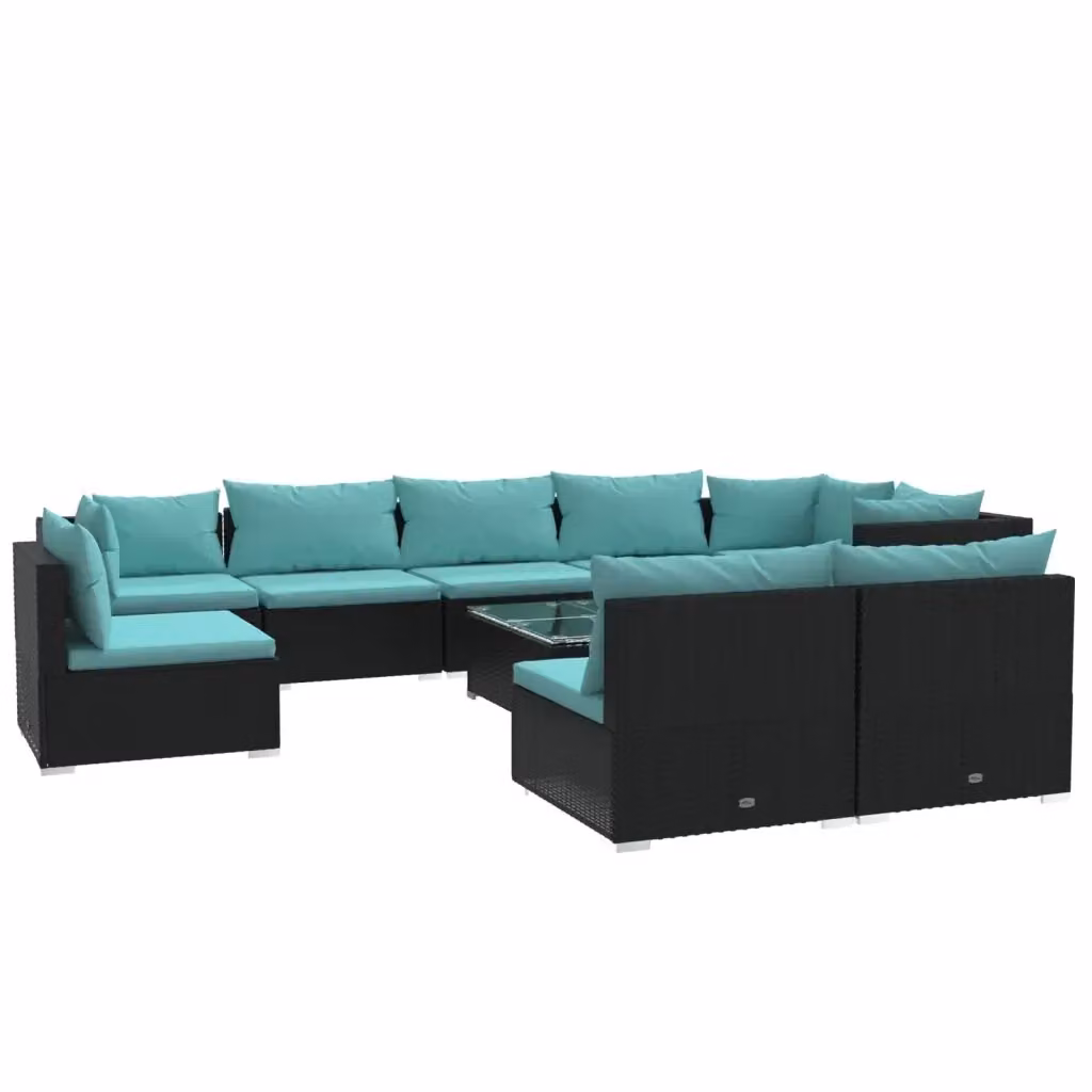 Set da giardino moderno vidaXL composto da 10 pezzi con divani a L, tavolino da caffè e cuscini blu con coperture rimovibili in poliestere resistente ai raggi UV e struttura in acciaio nero – 2
