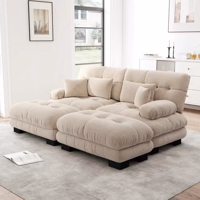 Divano panoramico modulare Mivray in tessuto beige e marrone con ottomane coordinati per il tuo soggiorno moderno
