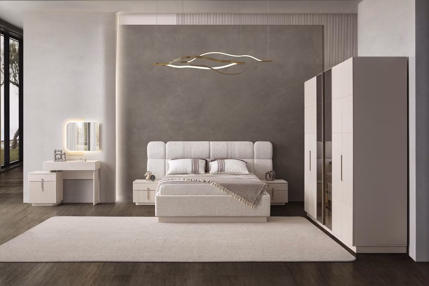 Beige Schlafzimmer Garnitur Edles Bett Holzschrank Schminktisch