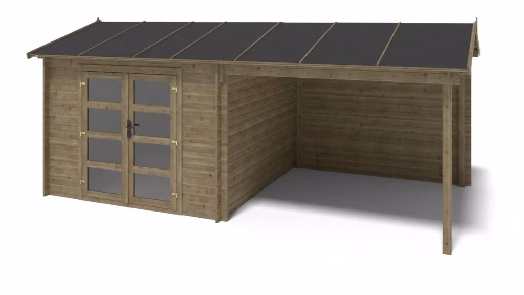 Casetta da giardino in legno ALTANKA modello DOM718 verde, superficie 17.4 m2, spessore pareti 28 mm, L/P/H: 5.79 x 3 x 2.54 m – 2