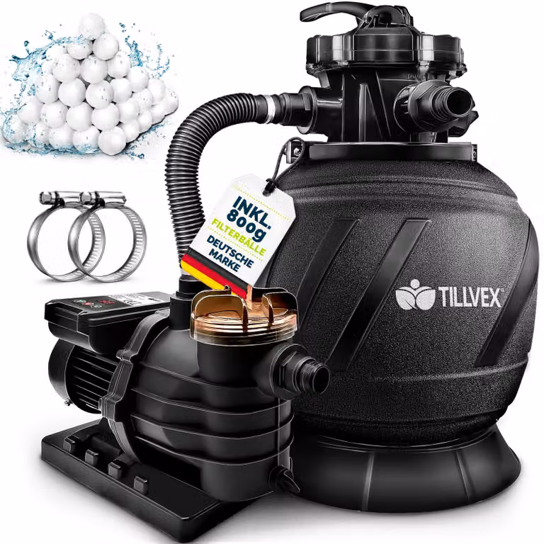 Impianto di filtrazione a sabbia Tillvex per piscina con timer 10 m³/h, incl. 800 g di sfere filtranti AquaBlack Pro | Impianto di filtrazione con valvola a 7 vie e adattatore 2 in 1 Ø 32 mm - 38 mm | Filtro per piscina con manometro | Filtro a sabbia per