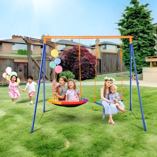 VEVOR Altalena da Giardino per Bambini Multicolore con Sedile a Piattino e Sedile con Cintura, Struttura in Metallo Resistente, Capacità 199,6 kg