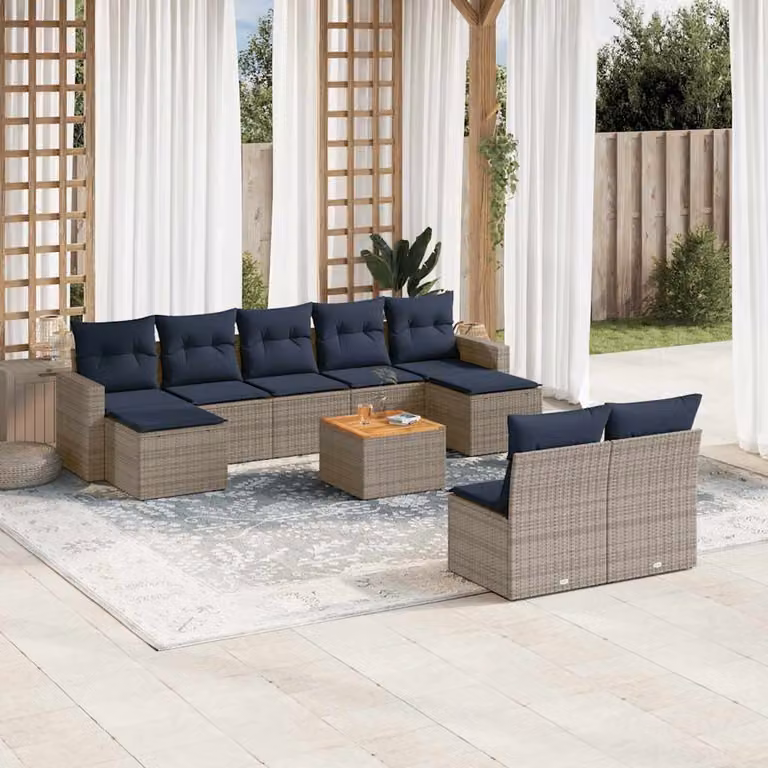Set di divani da giardino vidaXL in polyrattan grigio con cuscini e tavolino da esterno a forma di U