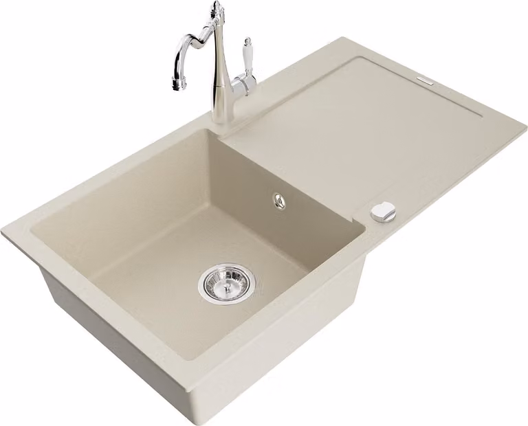 Mexen Leo lavello da cucina in granito a 1 vasca con sgocciolatoio e miscelatore cucina Carla, beige - 6501-69-670700-00
