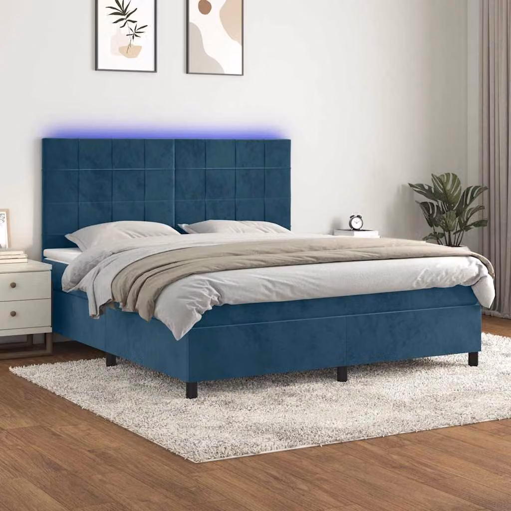 Letto Ibrido vidaXL in Velluto Blu con Materasso, Illuminazione LED Sotto il Letto e Porte USB, L/P/H: 160 x 200 x 128 cm – 1