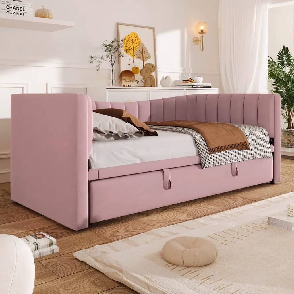 Daybed moderno in velluto rosa con letto estraibile, illuminazione LED sottostante e cassetti, L/P/H: 180 x 200 cm – 2
