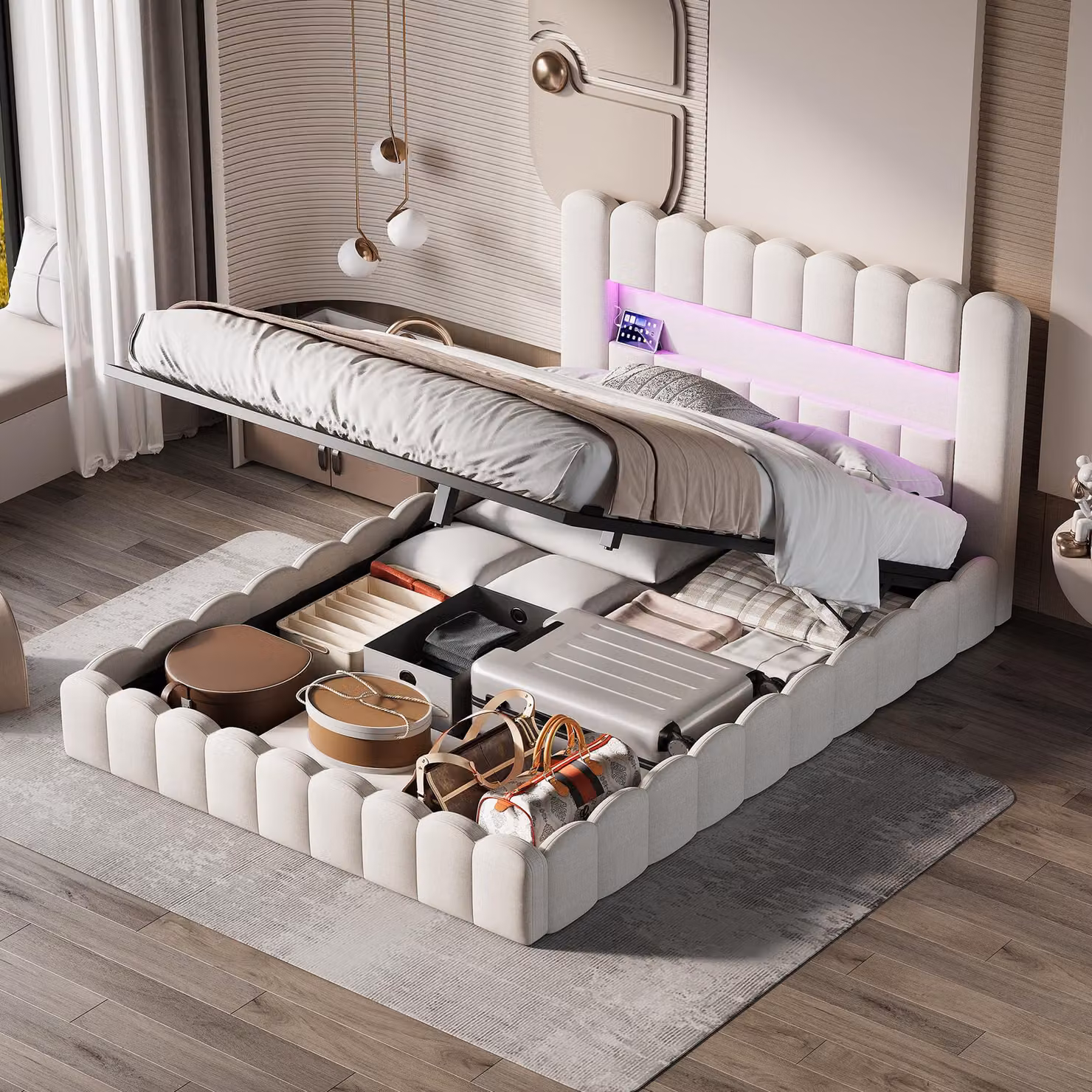 Letto imbottito 160x200 cm con contenitore, rivestito in lino color beige, design ispirato al tronco di un albero, sistema LED, prese USB e Type-C, spazio contenitivo, rete a doghe, senza materasso