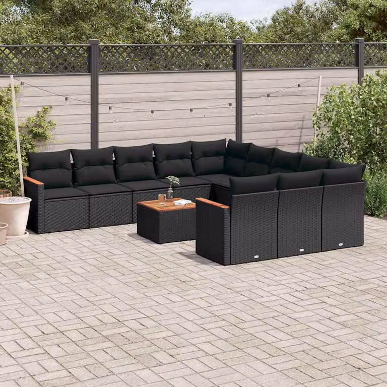vidaXL Set Divani da Giardino a Forma di U con Cuscini e Tavolino, 12 Pezzi, Nero