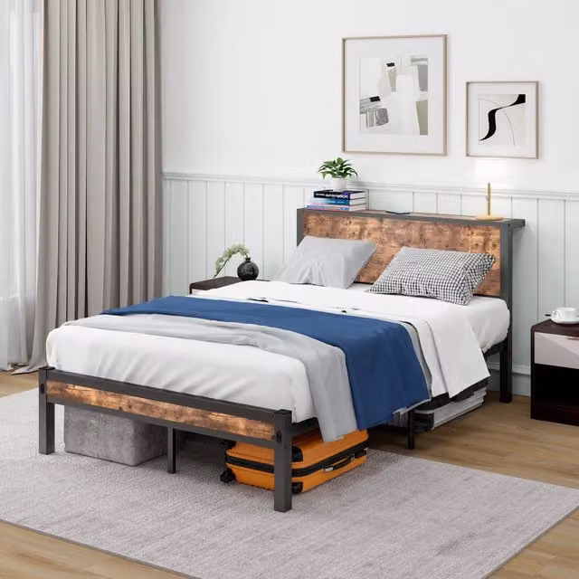 Struttura letto a piattaforma 120 × 200 cm in MDF e metallo marrone anticato con testiera e spazio sottoletto