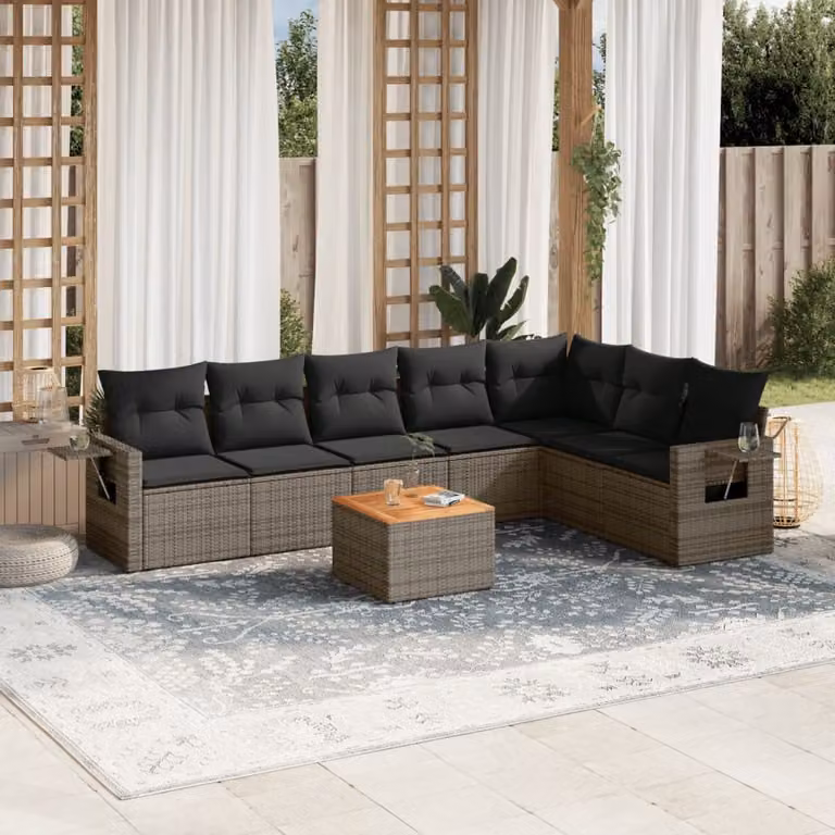 vidaXL Set Divano da Giardino a L 8 pz in Polyrattan Grigio con Cuscini e Tavolino