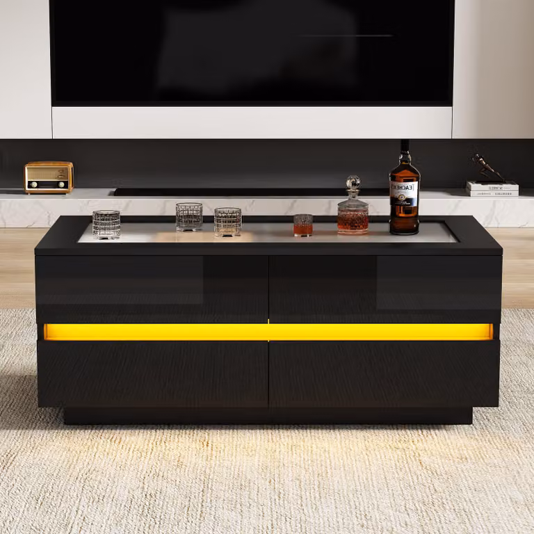 Tavolino oquishe con piano in vetro temperato e illuminazione LED, tavolino con quattro cassetti, frontali in alta lucentezza, ideale per il soggiorno, colore nero