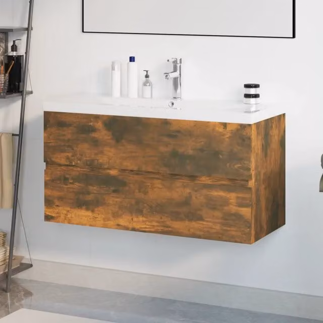 Mobile Bagno con Lavabo Integrato-Lavandino-Lavabo Rovere Fumo Legno Multistrato 480095