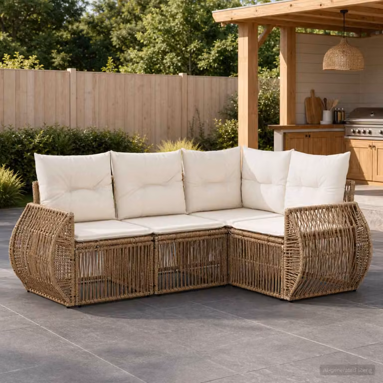 Set Divano da Giardino a L vidaXL in Polyrattan con Cuscini Beige e Bianco Crema