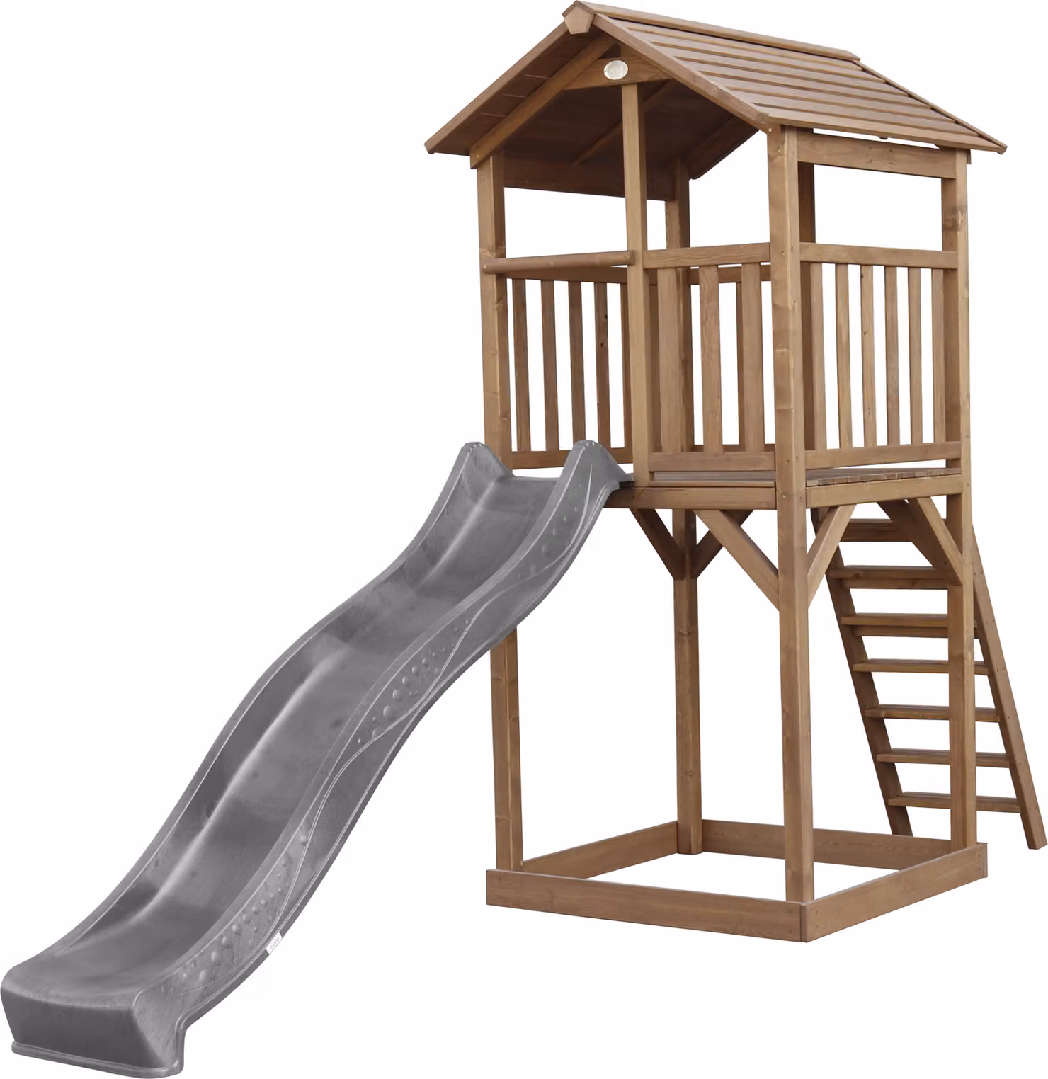 AXI Beach Tower parco giochi in legno in marrone | Torre di gioco per bambini con sabbiera e scivolo grigio | Casa per bambini su palafitte per il giardino