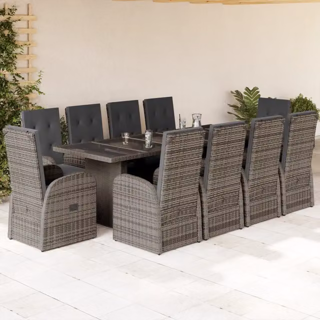 Set da pranzo da giardino vidaXL in polyrattan grigio con 11 pezzi e cuscini