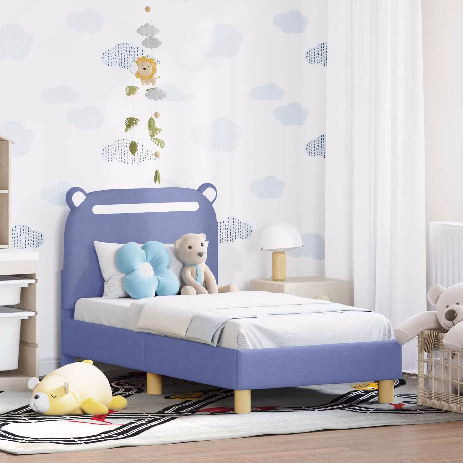 vidaXL Struttura letto per bambini con testata imbottita in tessuto Blu, L/P/H: 140 x 70 x 78 cm