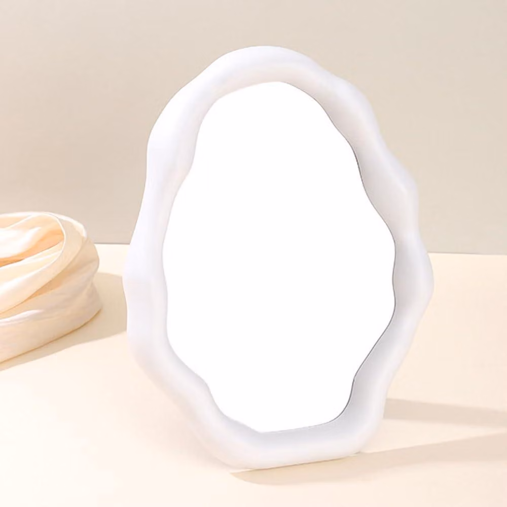 Specchio da tavolo, forma irregolare, 20,5x27 cm, vetro, bianco, pieghevole