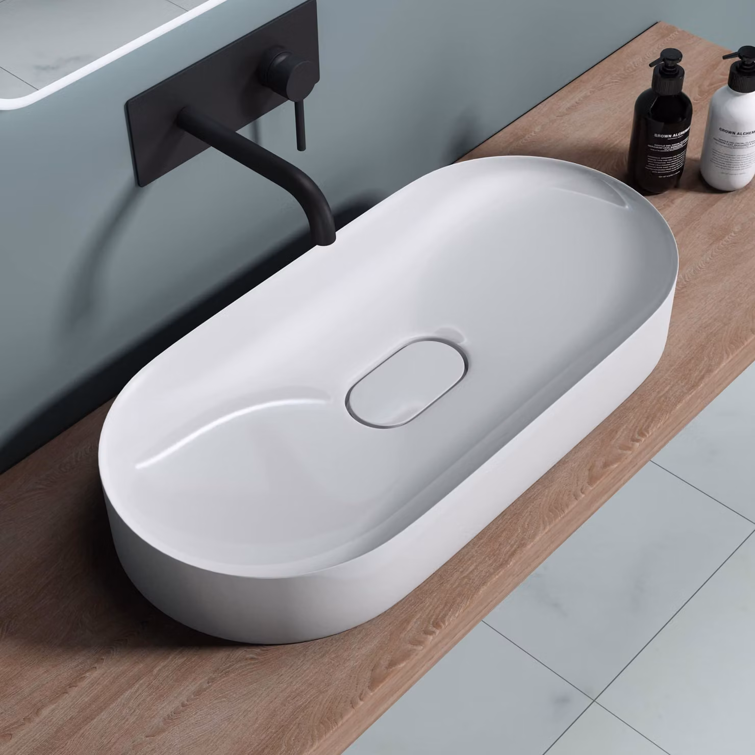 doporro Lavabo da Appoggio Lavandino Bagno 70 cm in Resina Minerale Bianco Lucido Effetto Loto, Senza Foro Rubinetto Colossum826