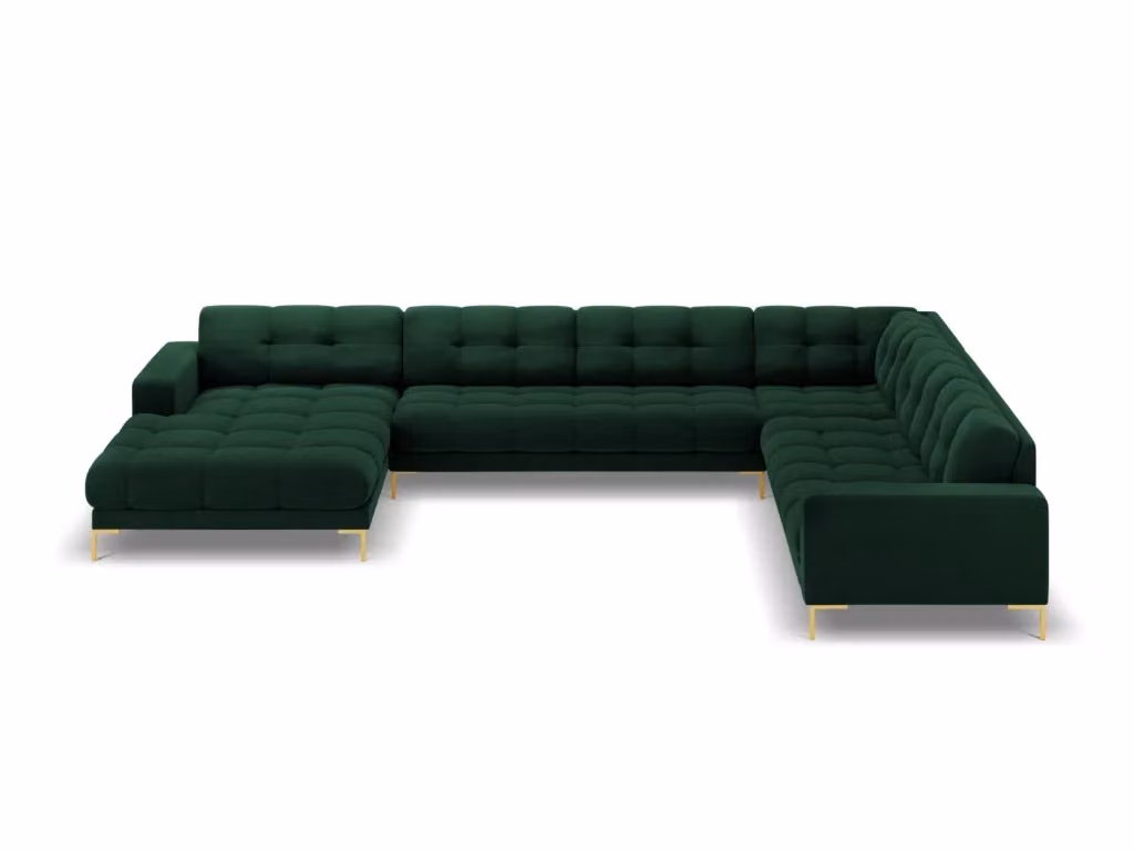 Divano panoramico destro Bali di Cosmopolitan Design in velluto verde bottiglia con struttura in metallo, 7 posti, L/P/H: 327 x 134 x 75 cm – 2