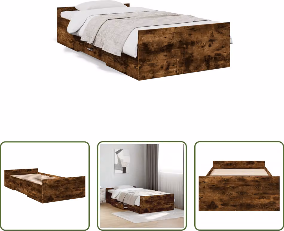 The Living Store Struttura letto con cassetti rovere fumé 90x190 cm Materiale legno