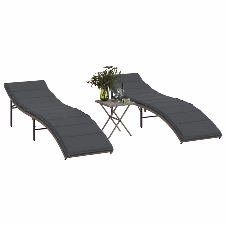 Set di 2 lettini prendisole con tavolino vidaXL in polyrattan grigio con poggiatesta regolabile e vassoio laterale