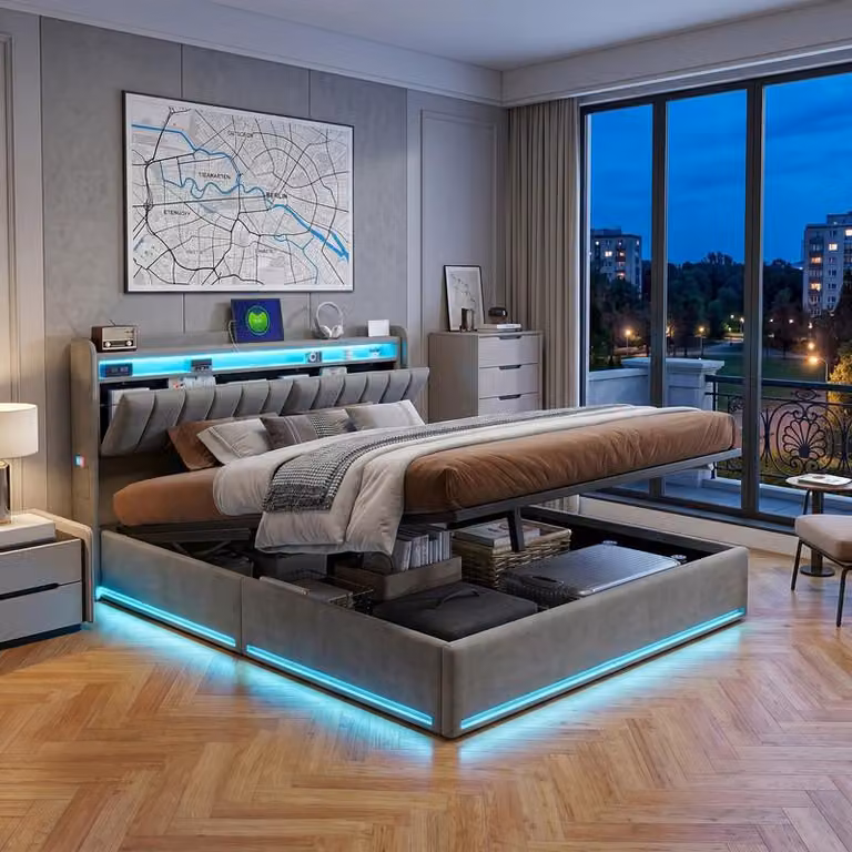 ProximaX: letto matrimoniale moderno 140x200 cm in velluto grigio, letto con contenitore e sistema idraulico, LED RGB, testiera e presa di corrente UE