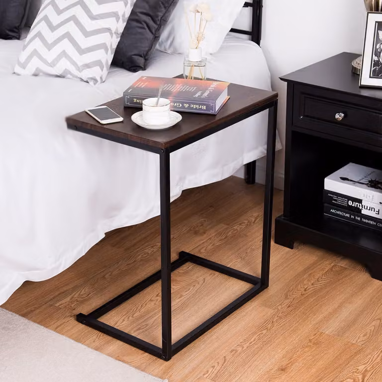 Tavolino a forma di C, tavolino per laptop con struttura in metallo, tavolino da caffè in stile industriale, tavolino da salotto per soggiorno, camera da letto, ufficio (marrone scuro)