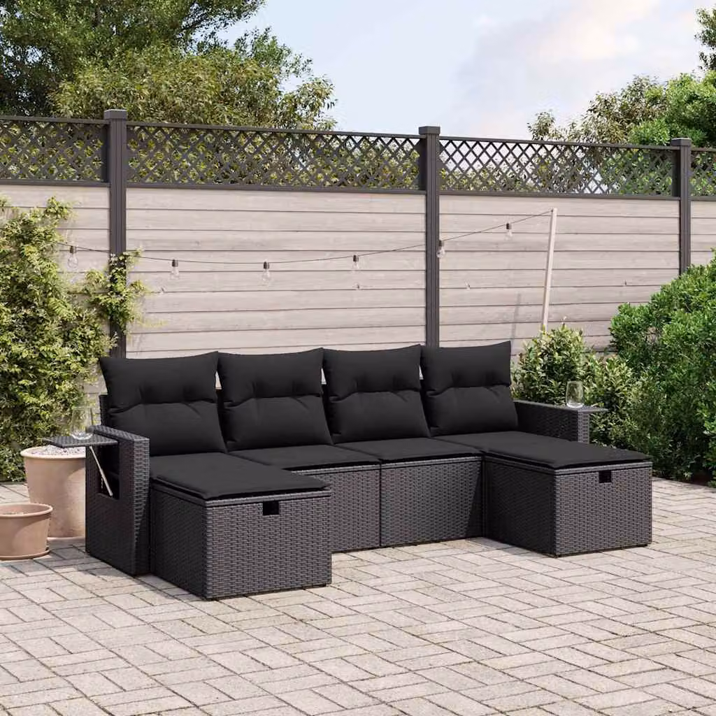vidaXL Set Divano da Giardino a L 6 pz con Cuscini Nero in Polyrattan e Struttura in Acciaio – 1