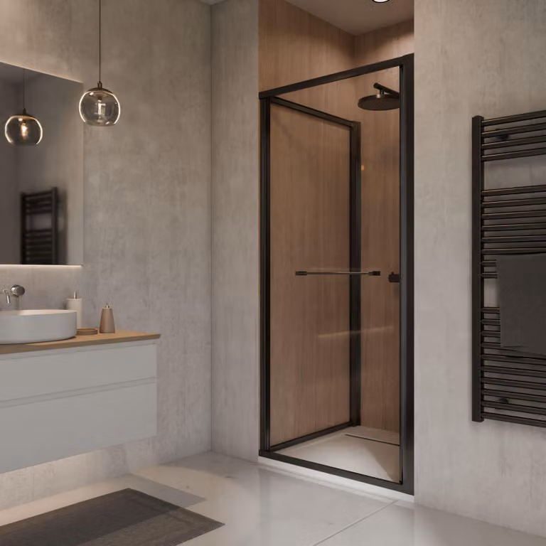 Porta scorrevole a battente Schulte per nicchia 70x190 cm Sunny, vetro di sicurezza temperato con rivestimento nano-technologico Fixil, profilo nero opaco, senza battuta