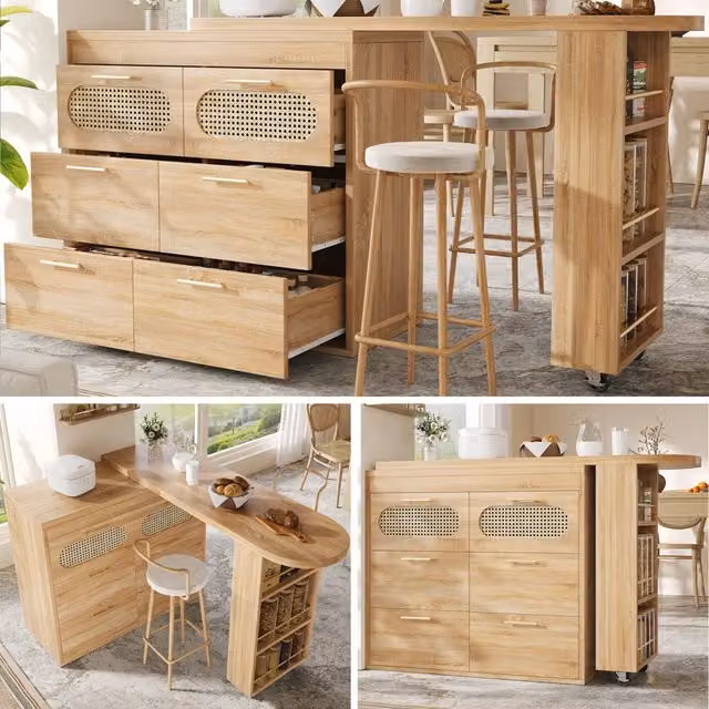 Bartisch girevole 360° con 6 cassetti, ante in rattan PE, maniglie in metallo, protezione antiribaltamento. Tavolo alto per soggiorno, cucina, sala da pranzo, ufficio