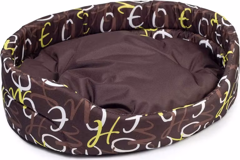 Letto per cani | Cuscino ovale per cani o gatti con cuscino | Poliestere lavabile S: 46 x 40 cm, marrone con motivo