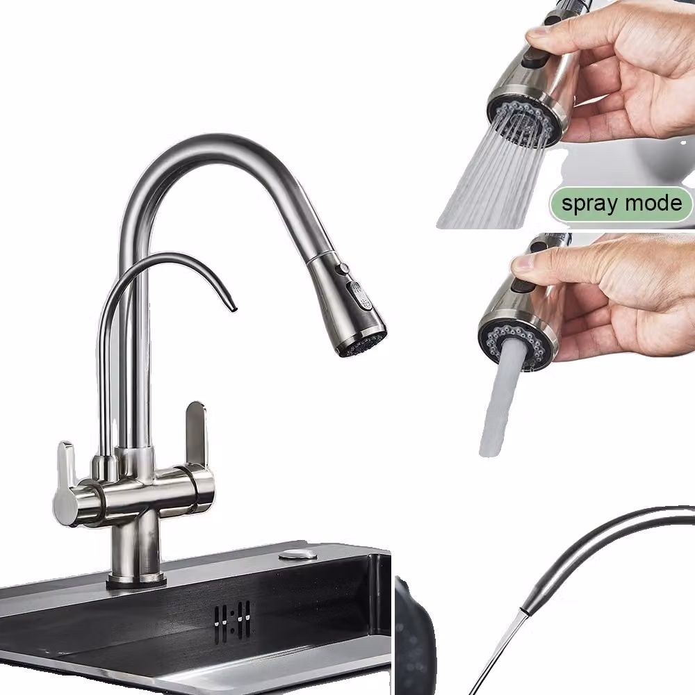 Rubinetto da cucina antico, design estraibile, doppia maniglia, nichel spazzolato