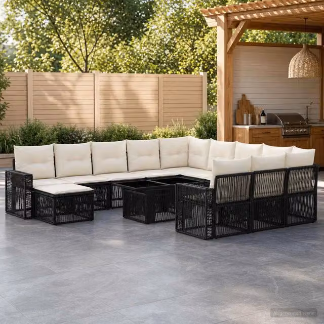 Set Divano da Giardino Moderno vidaXL in Polyrattan Nero e Bianco Crema con 13 Pezzi e Cuscini Inclusi