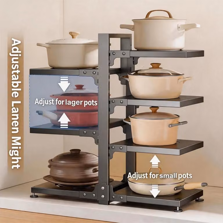 Elzusha - Organizzatore regolabile a più livelli per pentole e padelle, ideale per la cucina, realizzato Acciaio al carbonio