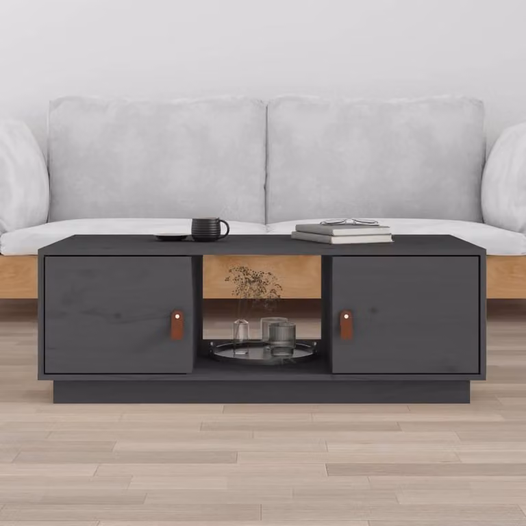 The Living Store Tavolino grigio 100x50x35 cm in legno di pino massiccio