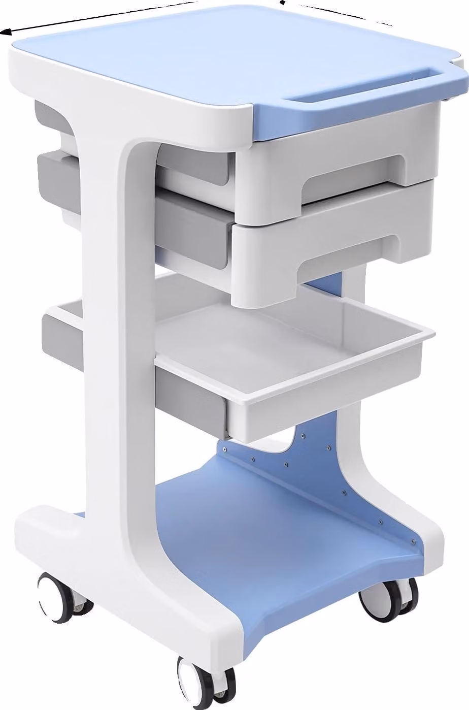 Carrello per parrucchiere, 3 ripiani, 2 cassetti, colore blu e bianco