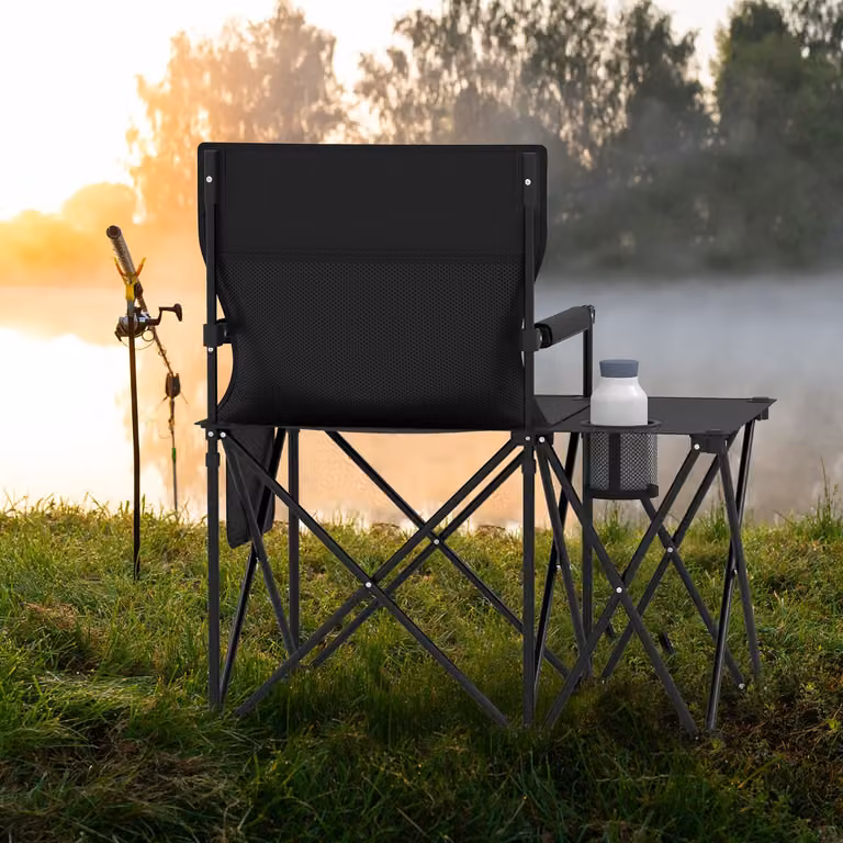 Sedia da picnic pieghevole Costway con braccioli imbottiti, tasche laterali e tavolino, colore Nero