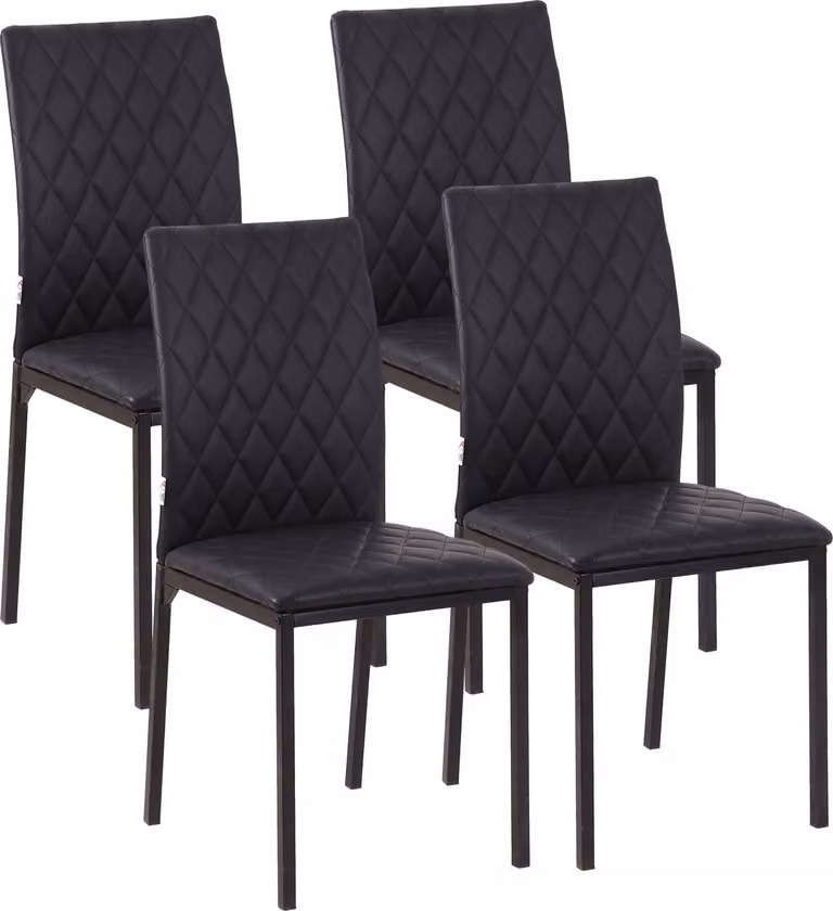 Set di 4 sedie da pranzo Moonbite, con motivo a rombi trapuntati, imbottitura, rivestite in ecopelle e con gambe in acciaio verniciato a polvere, capacità di carico di 120 kg ciascuna, imbottitura in schiuma, colore nero