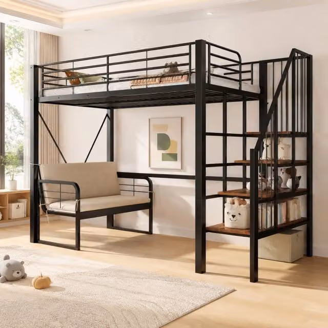 Letto a castello 90x200 cm con struttura in metallo, divano imbottito removibile, scala con contenitori, colore nero