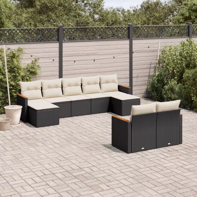 Set Divani da Giardino vidaXL 9 pz a Forma a U con Cuscini e Ottoman in Polyrattan e Metallo Nero