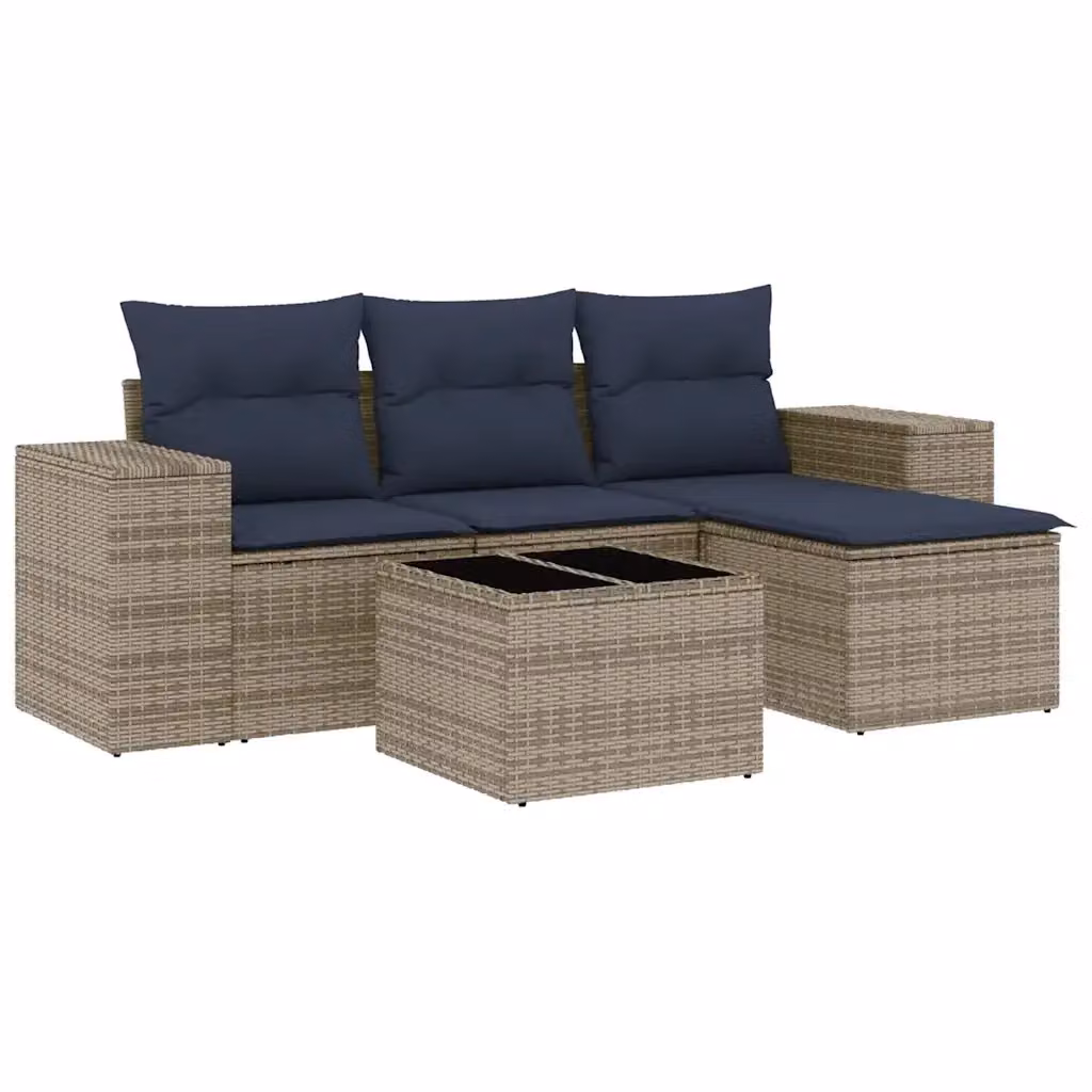 Set da giardino moderno vidaXL in polyrattan composto da 5 pezzi con cuscini e tavolino, colore grigio e blu – 2