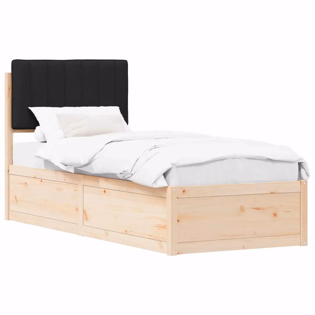 Letto moderno vidaXL in pino massello con testiera rivestita in tessuto nero L/P: 80 x 190 cm – 2